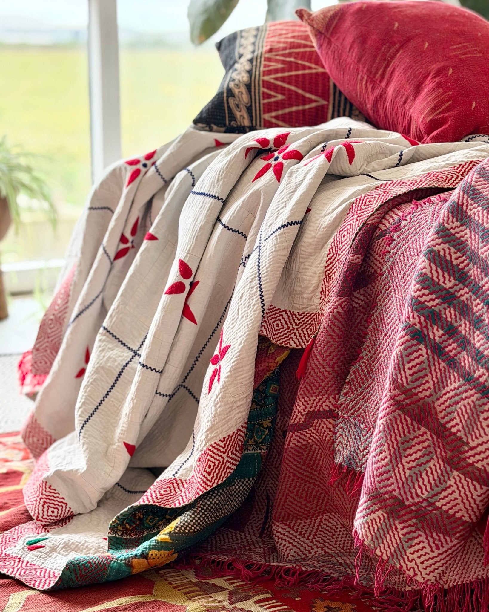 Large Embroidered Vintage Kantha Quilt in White With Red Flower Pattern - Biggs & Hill