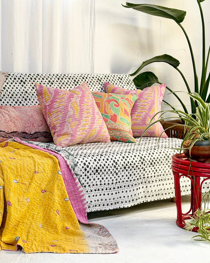 Handmade Vintage Kantha Cushion Cover In Pink- 45cm (18") Square - Biggs & Hill