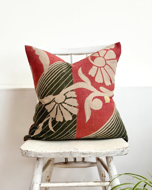 Vintage Kantha Cushion In Green and Pink- 45cm Square