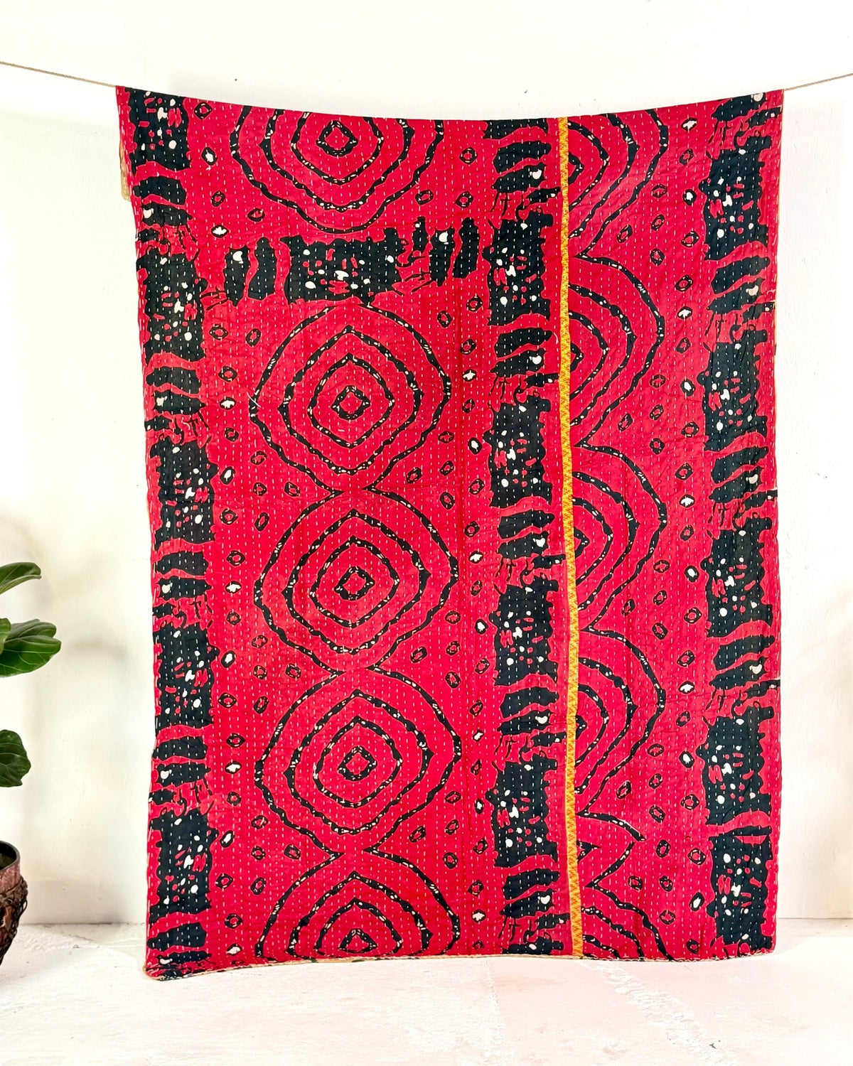 Vintage Cotton Kantha Quilt In Olive Green and Red 08 - Biggs & Hill
