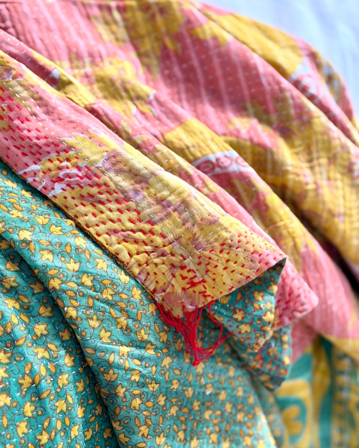 Extra Large Fine Stitched Vintage Kantha Quilt in Pink, Yellow and Green - Biggs & Hill
