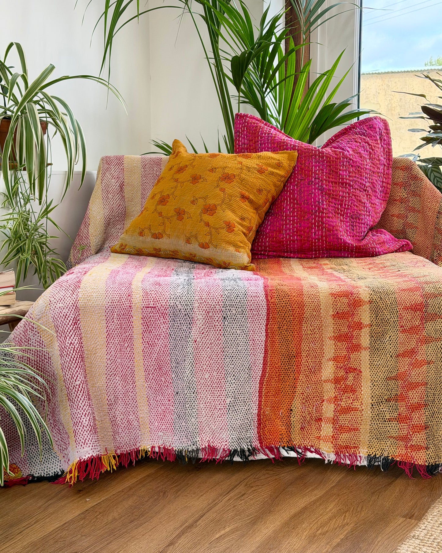 Heavy Kantha Blanket Quilt in Pink and Orange Stripe