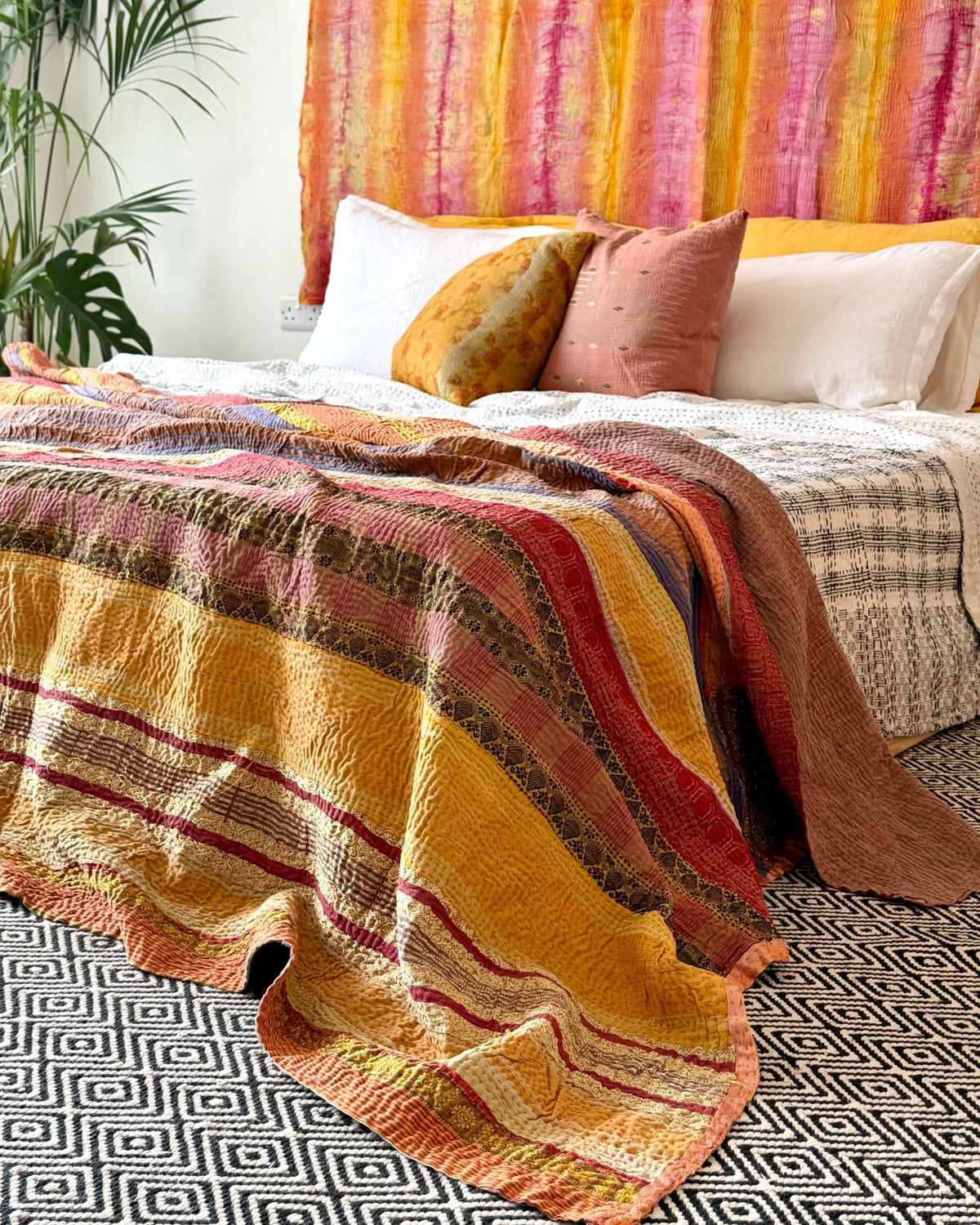 Extra Large Fine Stitched Vintage Kantha Quilt in Yellow and Pink Stripes - Biggs & Hill