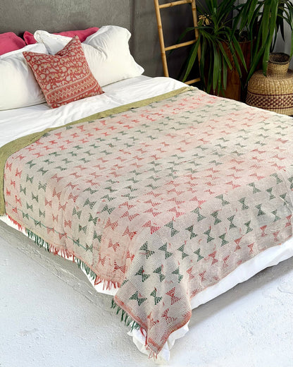 Embroidered Vintage Kantha Quilt in Peachy Pink, Yellow and White - Biggs & Hill