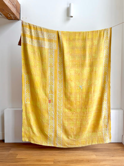 Extra Large Fine Stitched Vintage Kantha Quilt in Pink And Yellow