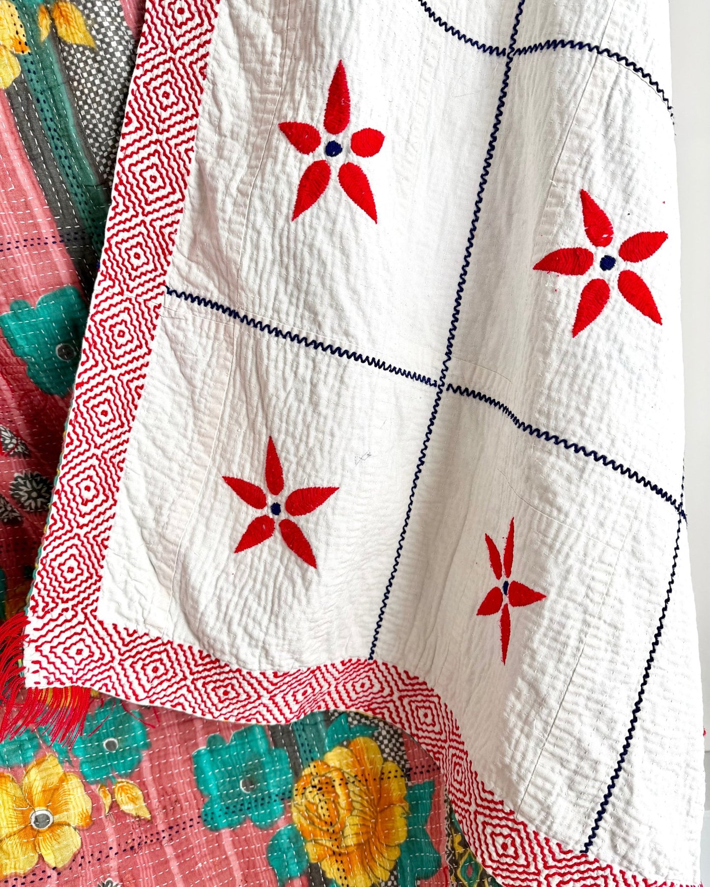 Large Embroidered Vintage Kantha Quilt in White With Red Flower Pattern - Biggs & Hill