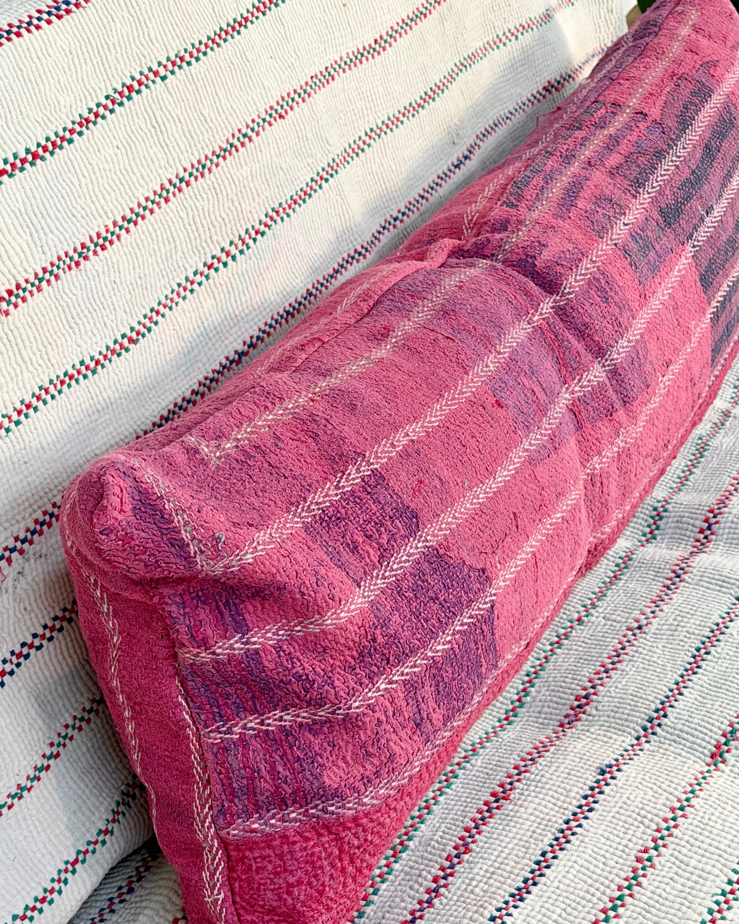 Vintage Kantha Bolster Cushion Cover In Pink With Embroidered Stripes - 100cm