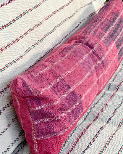Vintage Kantha Bolster Cushion Cover In Pink With Embroidered Stripes - 100cm