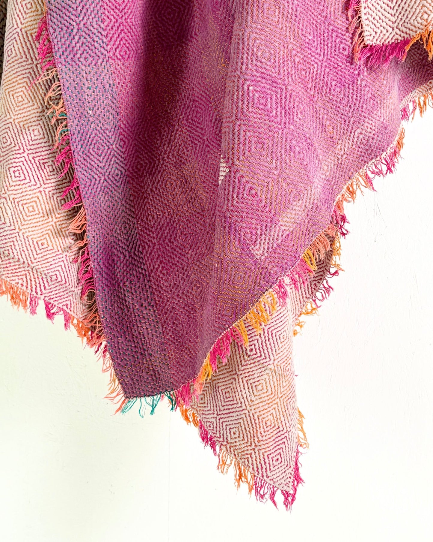 Large Heavy Kantha Blanket Quilt With Lik Phul Stitching In Pink and Orange - Biggs & Hill