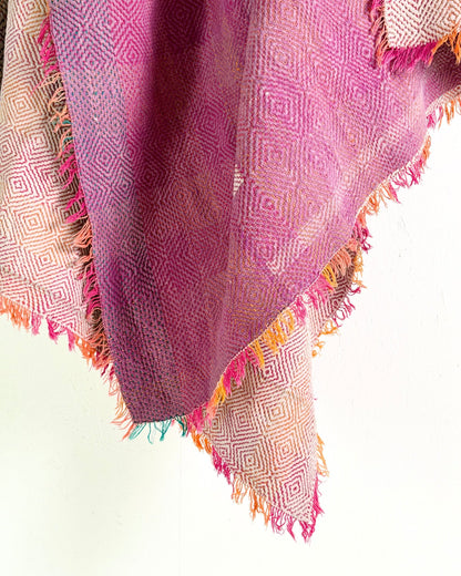 Large Heavy Kantha Blanket Quilt With Lik Phul Stitching In Pink and Orange - Biggs & Hill