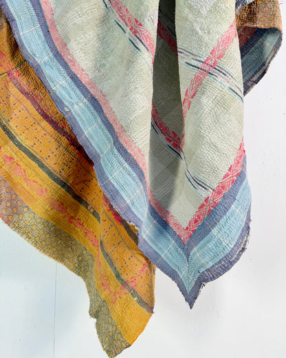 Embroidered Vintage Kantha Quilt in Yellow, Pink and White