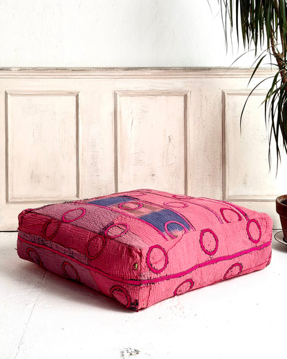 Large Square Kantha Floor Cushion Cover With Pink Circles