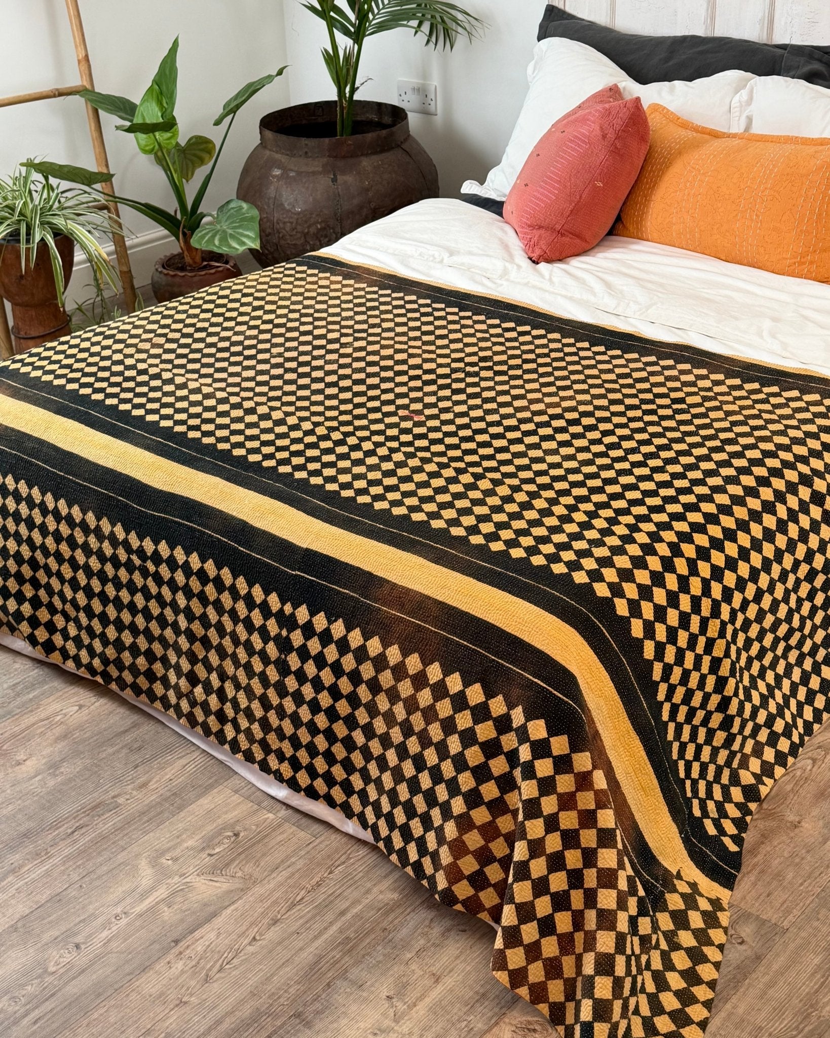 Large Fine Stitched Vintage Kantha Quilt in Chequered Yellow and Black and Pink - Biggs & Hill