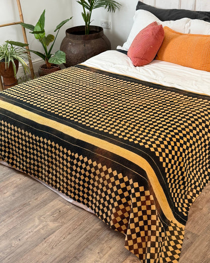 Large Fine Stitched Vintage Kantha Quilt in Chequered Yellow and Black and Pink - Biggs & Hill