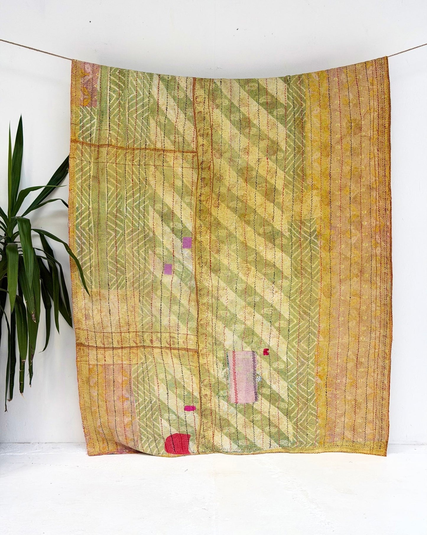 Large Textured Vintage Kantha Quilt In Abstract Pink, Purple and Yellow - Biggs & Hill
