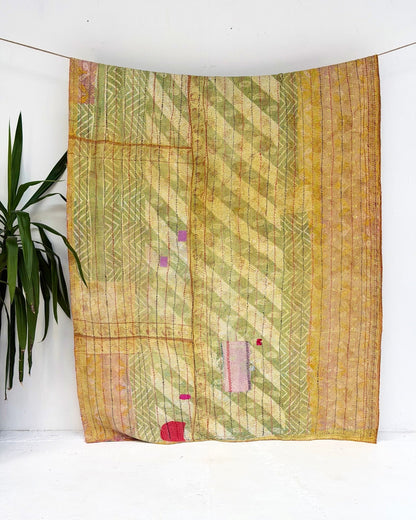 Large Textured Vintage Kantha Quilt In Abstract Pink, Purple and Yellow - Biggs & Hill