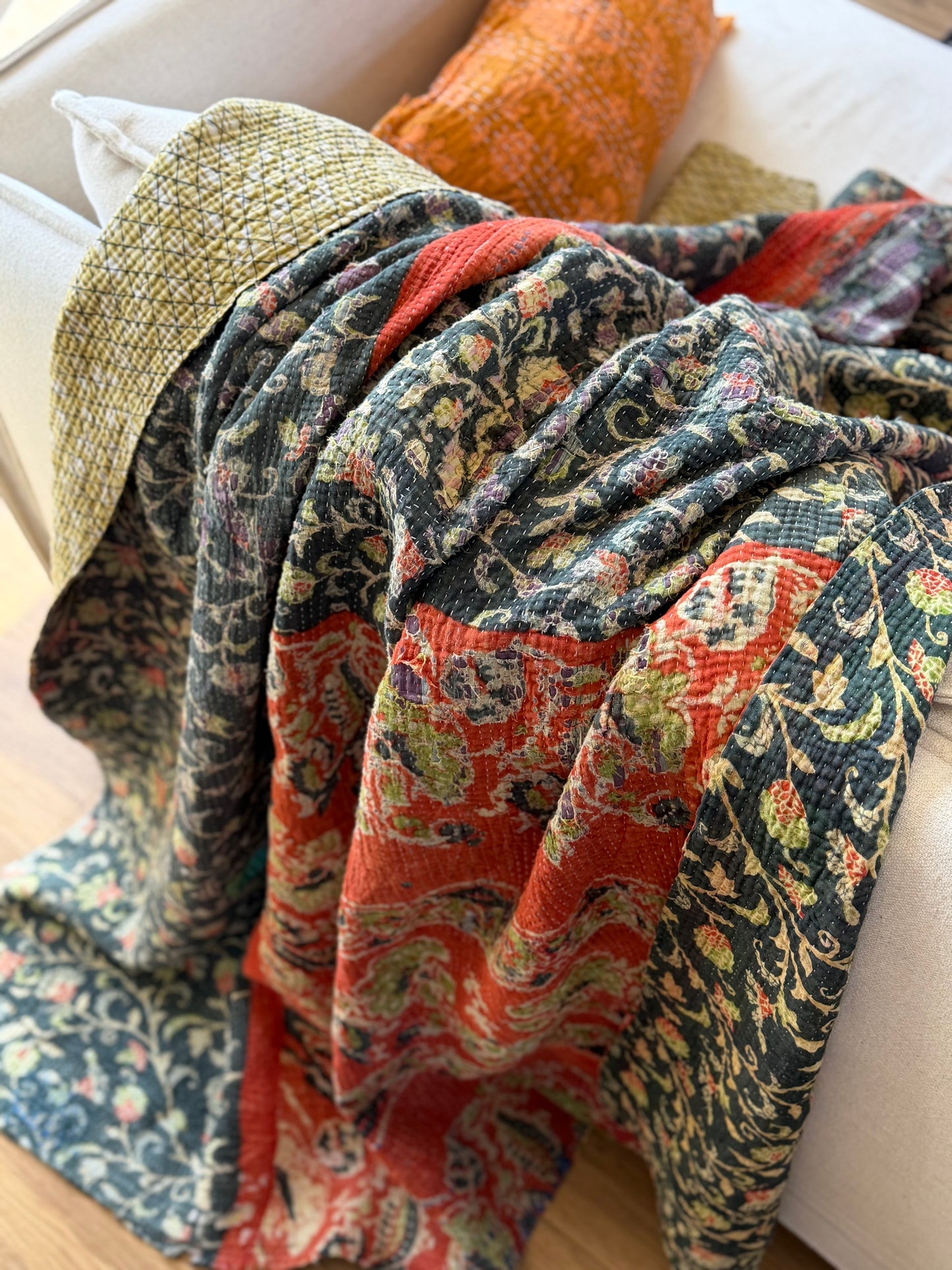 Hand Block Printed Fine Stitched Vintage Kantha Quilt In Muted Blue-Green and Orange