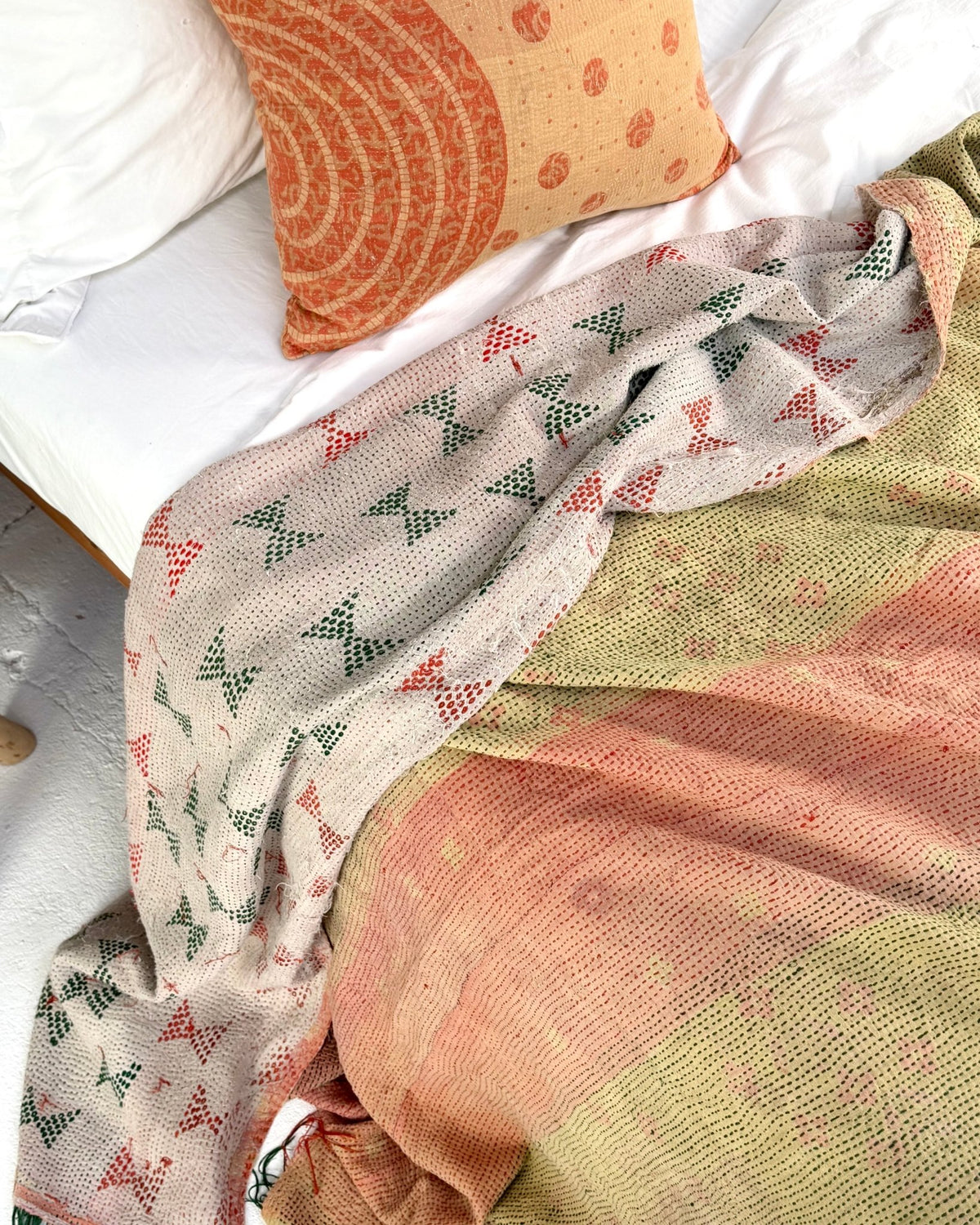 Embroidered Vintage Kantha Quilt in Peachy Pink, Yellow and White - Biggs & Hill