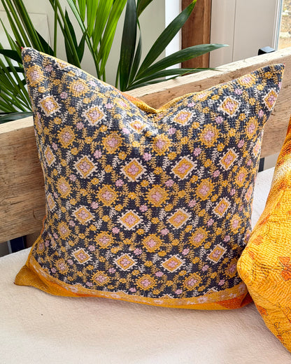 Vintage Kantha Cushion In Yellow and Blue - 45cm Square