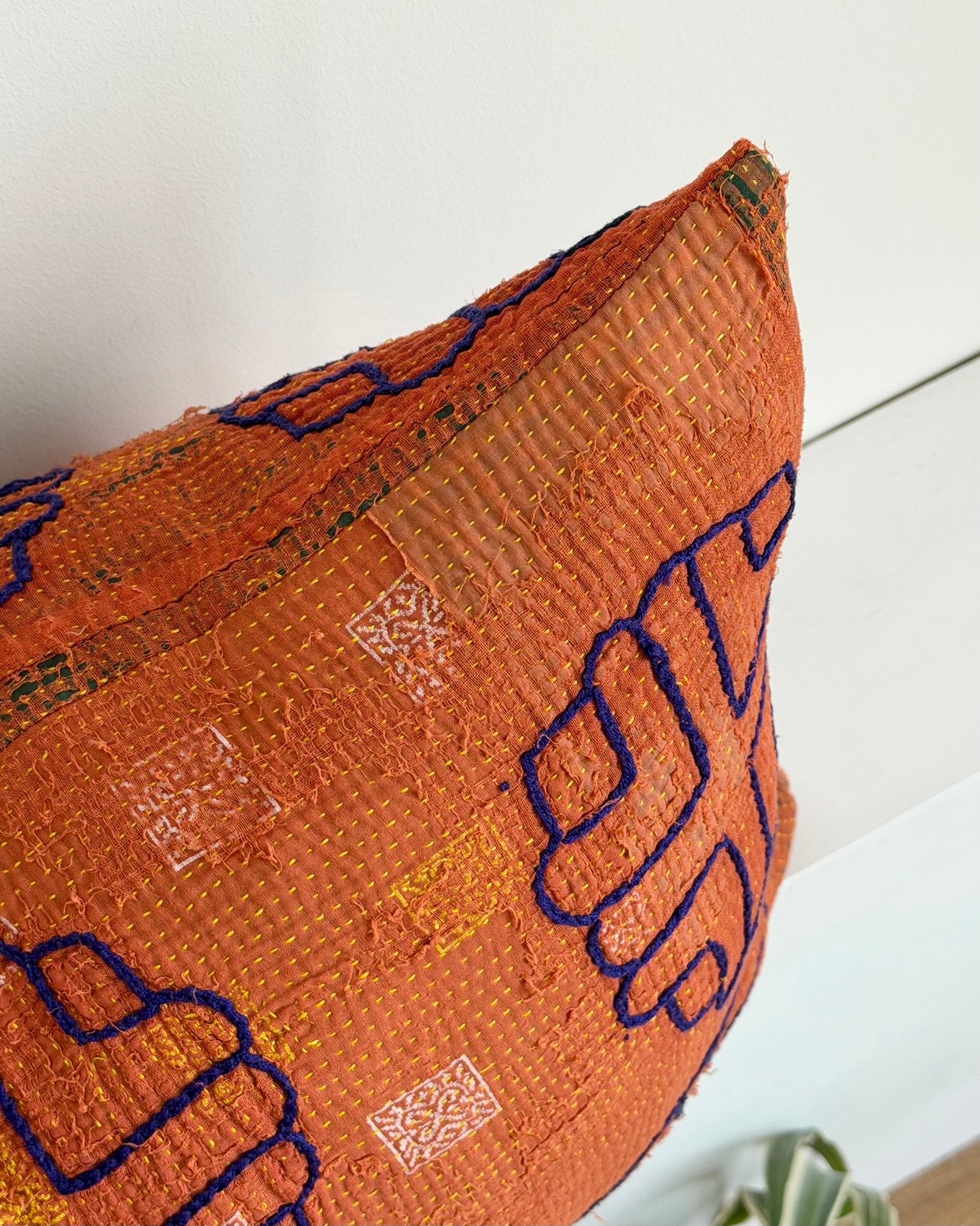 Vintage Kantha Cushion In Terracotta 02 - Large Rectangular - Biggs & Hill