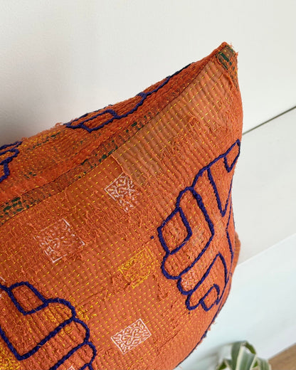 Vintage Kantha Cushion In Terracotta 02 - Large Rectangular - Biggs & Hill