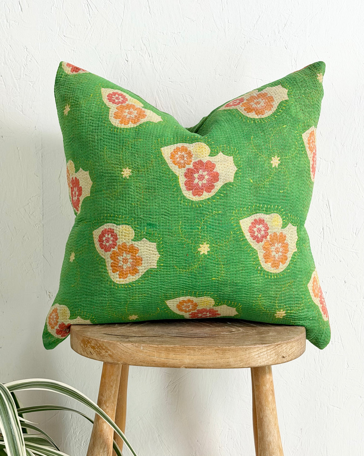 Handmade Vintage Kantha Cushion Cover In Green Floral - 45cm (18") Square