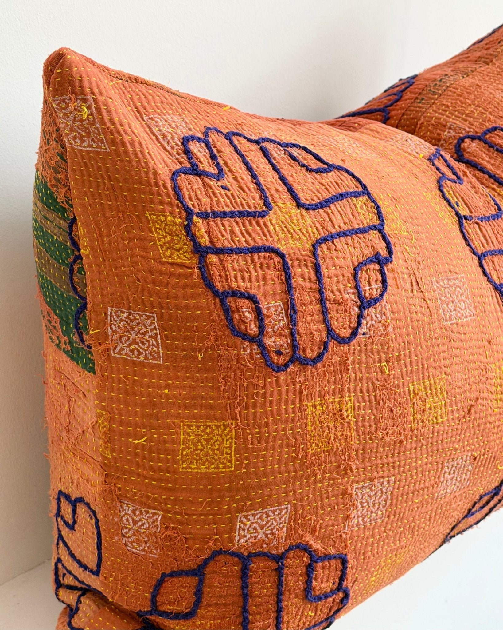 Vintage Kantha Cushion In Terracotta 02 - Large Rectangular - Biggs & Hill
