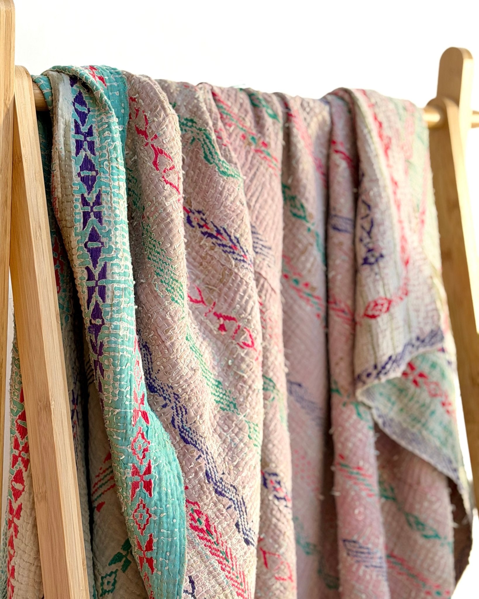 Embroidered and Textured Vintage Kantha Quilt In Green and Light Pink - Biggs & Hill