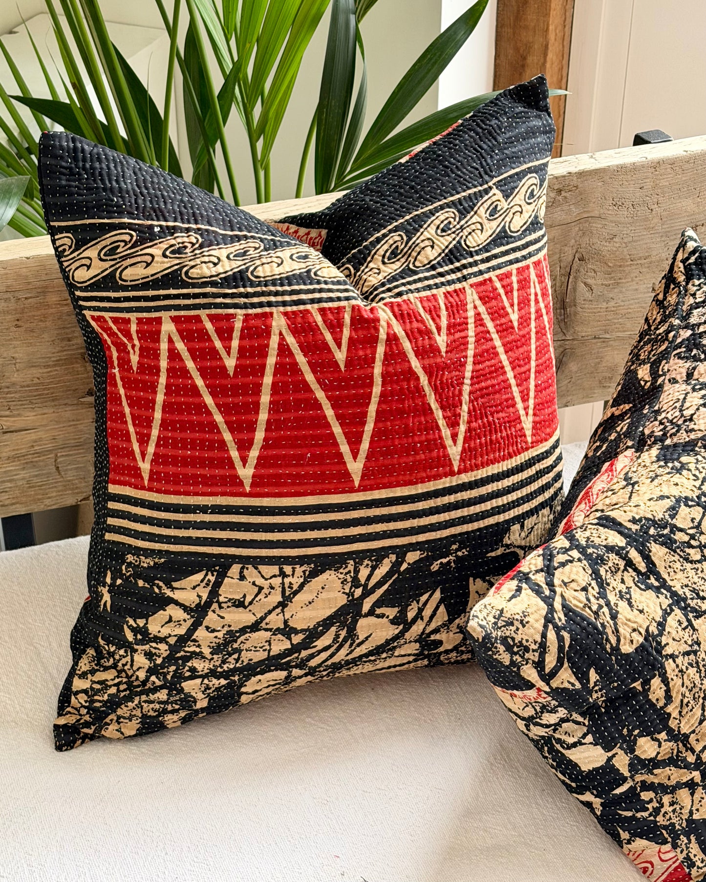 Vintage Kantha Cushion In Black and Red- 45cm Square