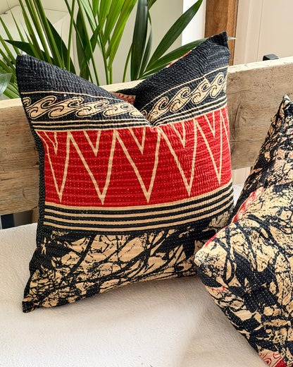 Vintage Kantha Cushion In Black and Red- 45cm Square