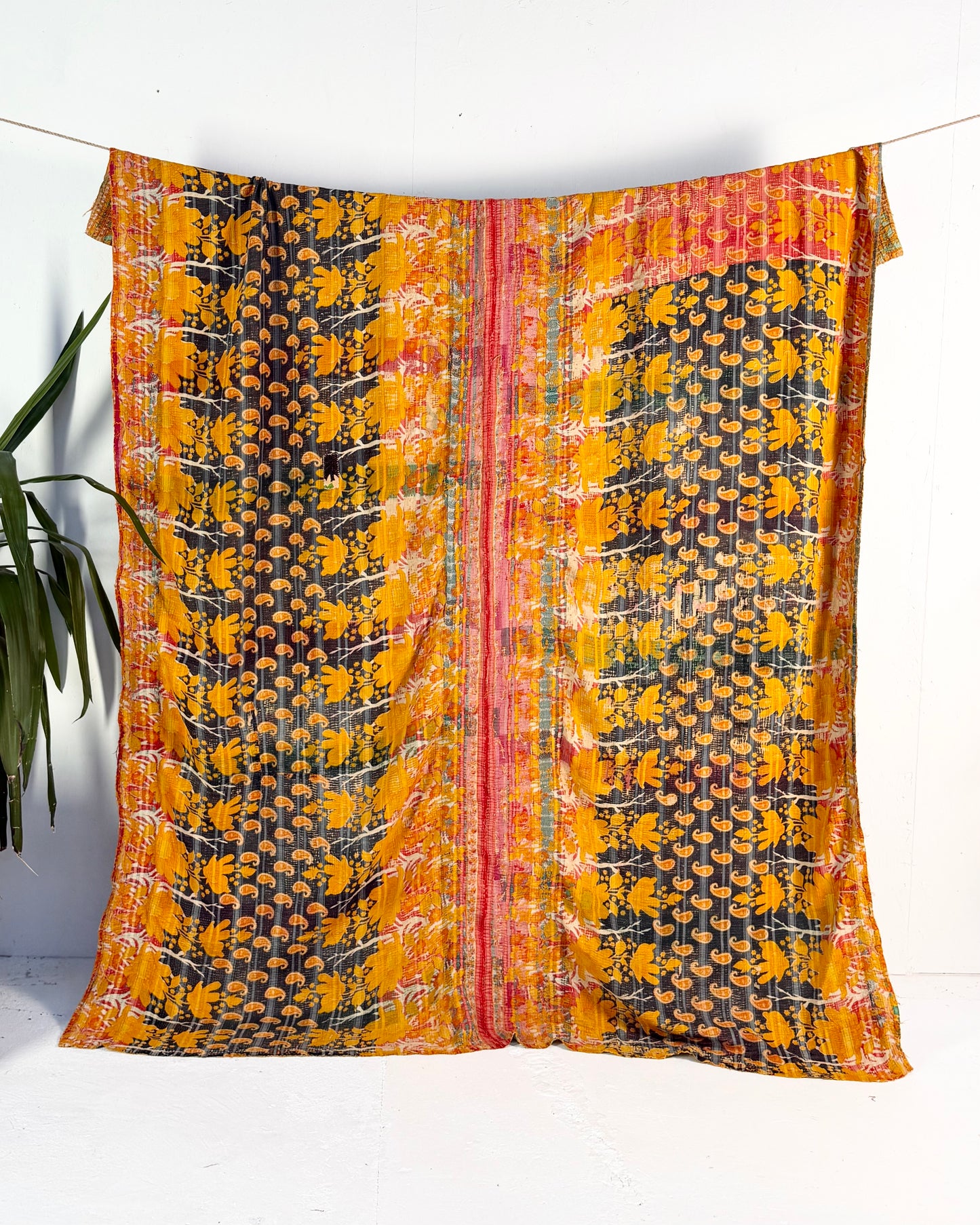 Extra Large Large Fine Stitched Vintage Kantha Quilt in Orange and Navy Blue