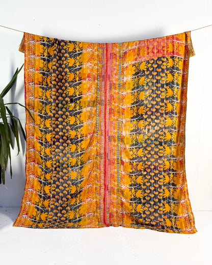 Extra Large Large Fine Stitched Vintage Kantha Quilt in Orange and Navy Blue