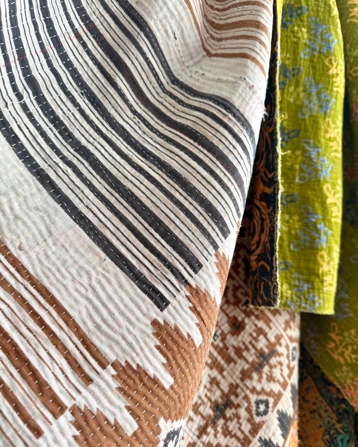 Extra Large Fine Stitched Vintage Kantha Quilt in Vibrant Green and Blue