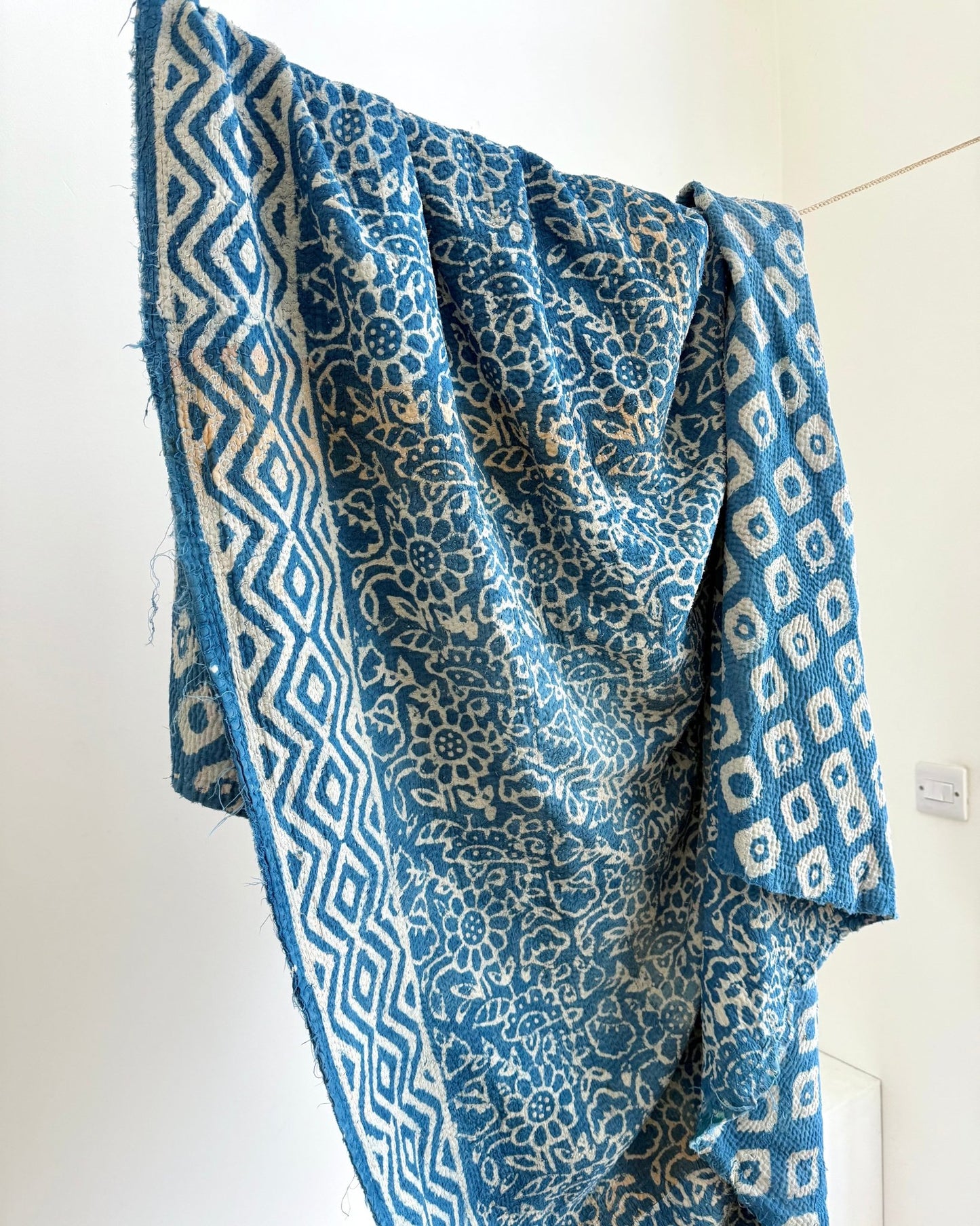 Project Kantha Quilt: Indigo Print With Authentic Aged Texture - Biggs & Hill