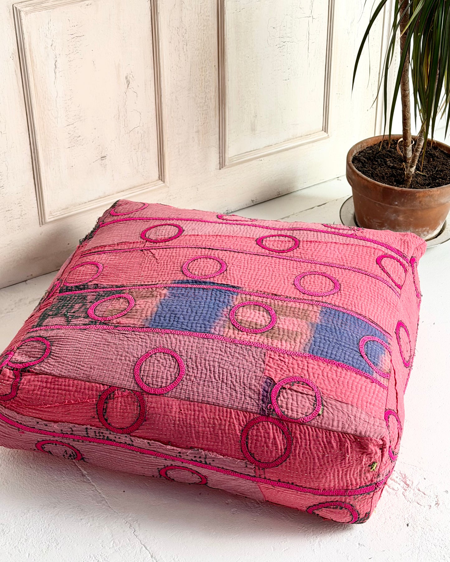Large Square Kantha Floor Cushion Cover With Pink Circles