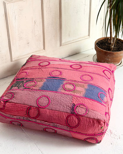 Large Square Kantha Floor Cushion Cover With Pink Circles