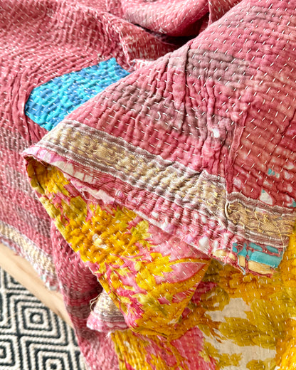 Extra Large Large Fine Stitched Vintage Kantha Quilt in Pink and Yellow