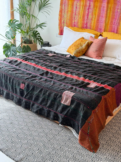 Extra Large Fine Stitched Embroidered Vintage Kantha Quilt in Pink and Brown - [studio pictures] - Biggs & Hill