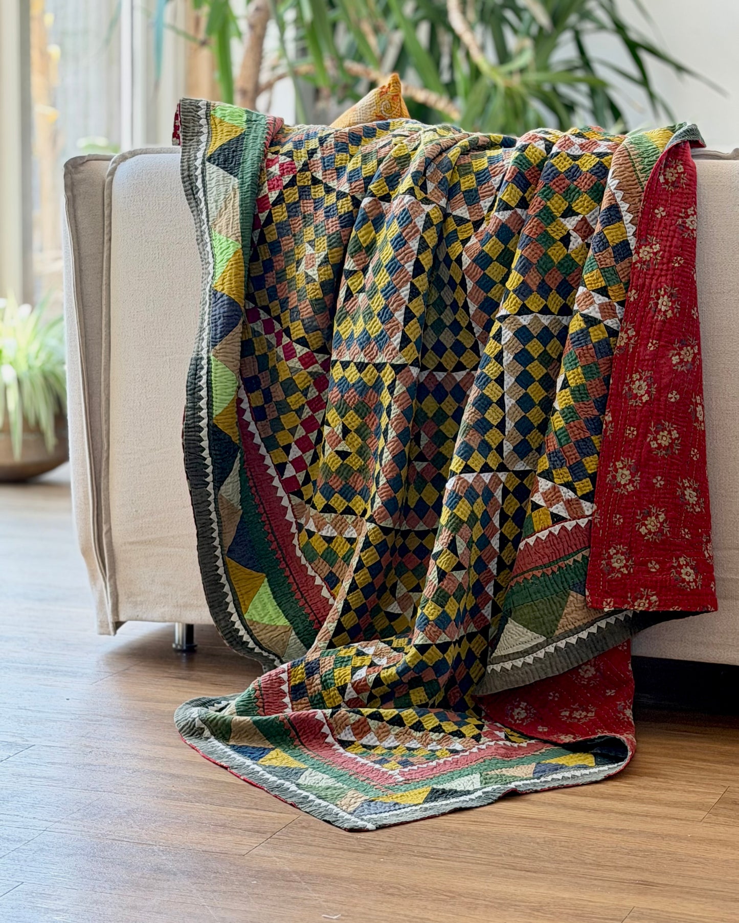 Vintage Embroidered Patchwork Ralli Quilt in Shades of Green