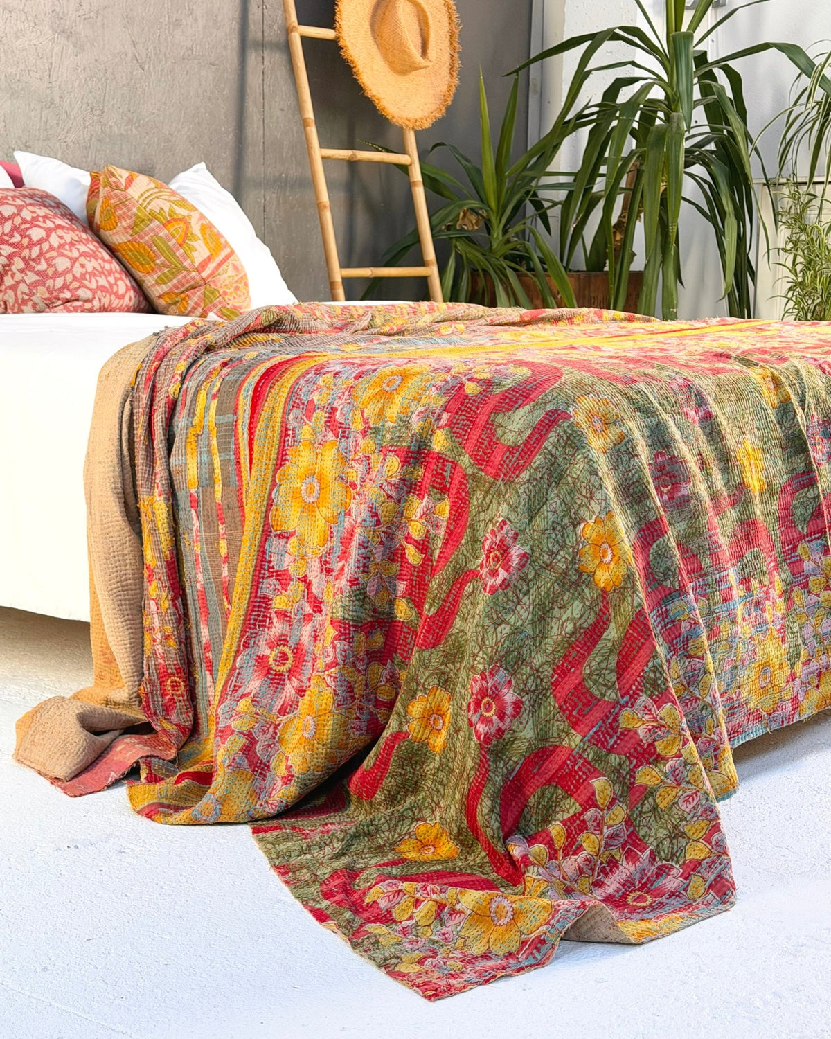 Extra Large Fine Stitched Vintage Kantha Quilt in Red and Yellow - Biggs & Hill