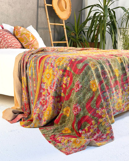 Extra Large Fine Stitched Vintage Kantha Quilt in Red and Yellow - Biggs & Hill