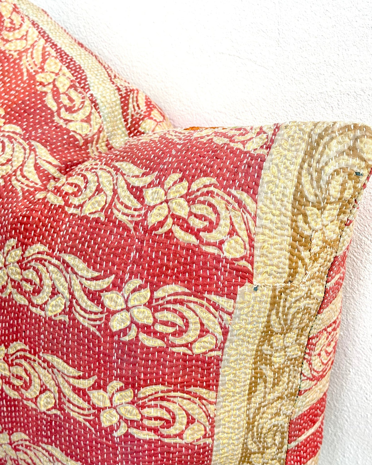 Handmade Vintage Kantha Cushion Cover In Pink and Beige- 45cm (18") - Biggs & Hill