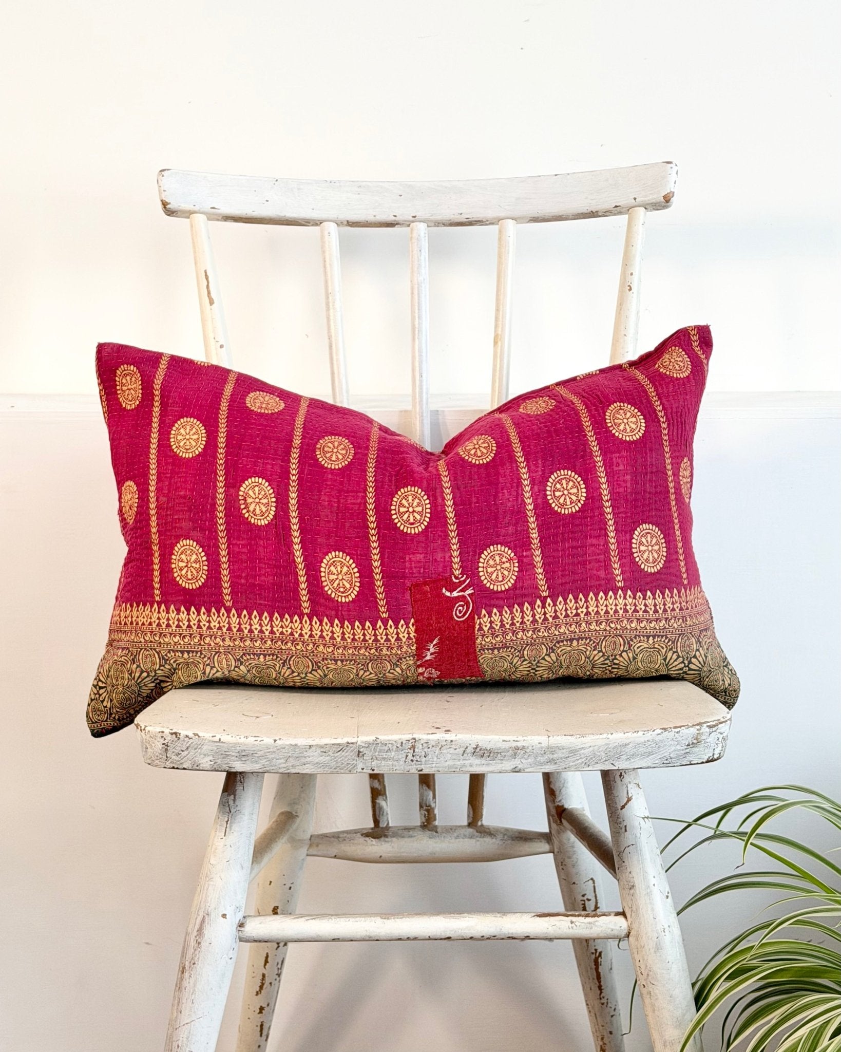 Vintage Kantha Cushion In Burgundy and Gold Dots - Small Rectangular - Biggs & Hill