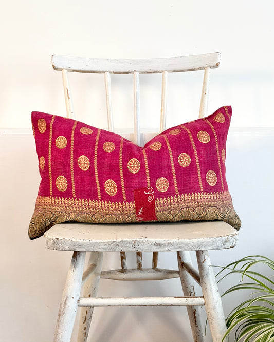 Vintage Kantha Cushion In Burgundy and Gold Dots - Small Rectangular