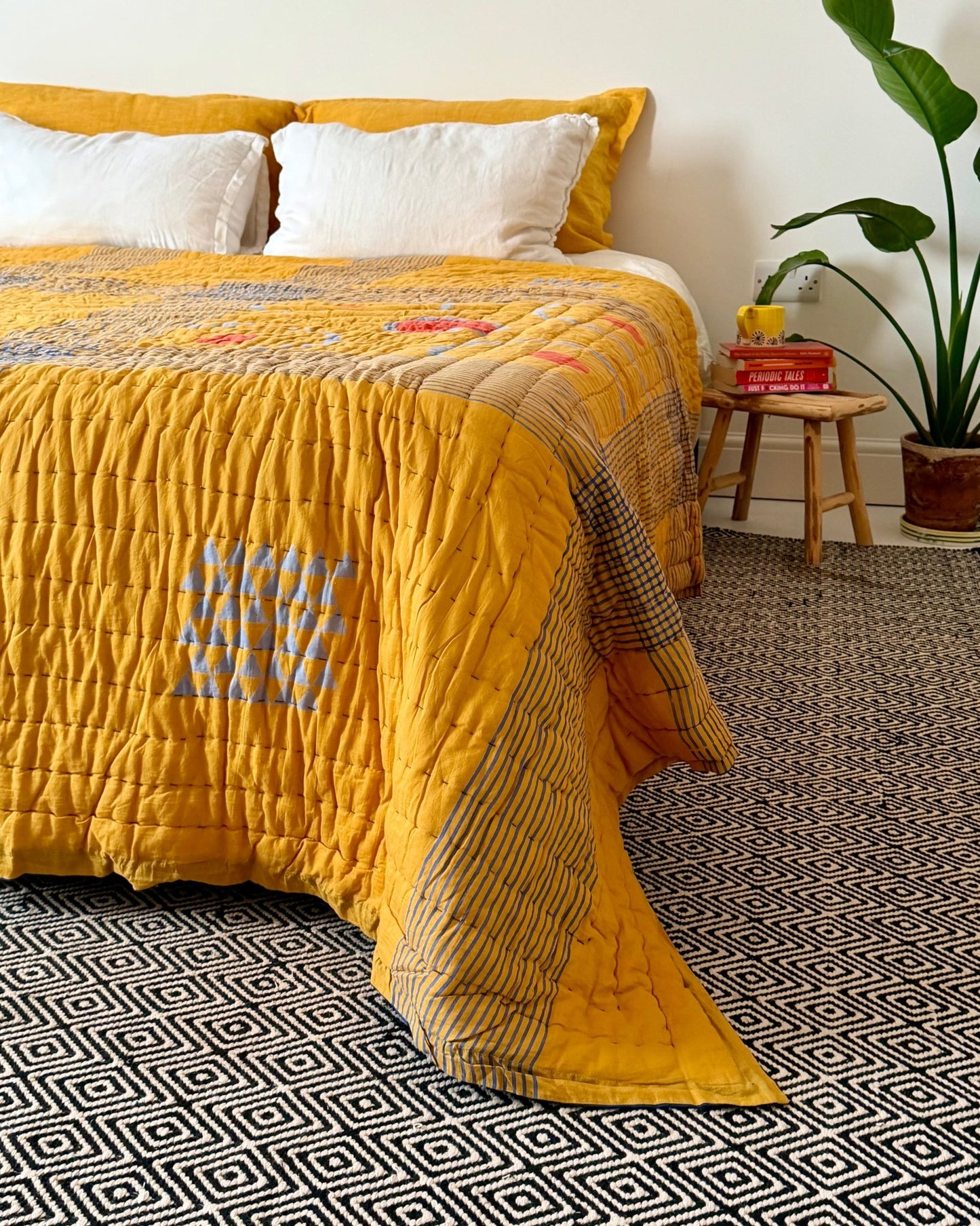 Quilted Kantha In Blue and Yellow With Geometric Patterns - SUPER KING - Biggs & Hill