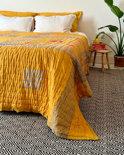 Quilted Kantha In Blue and Yellow With Geometric Patterns - SUPER KING - Biggs & Hill