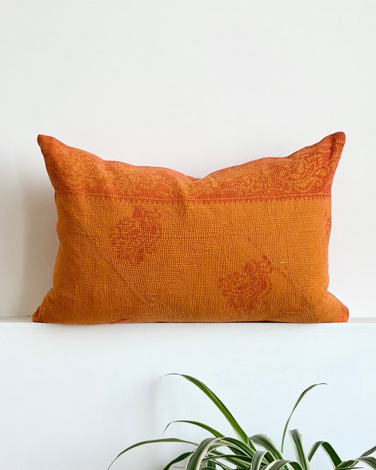 Vintage Kantha Cushion In Orange 03 - Large Rectangular - Biggs & Hill