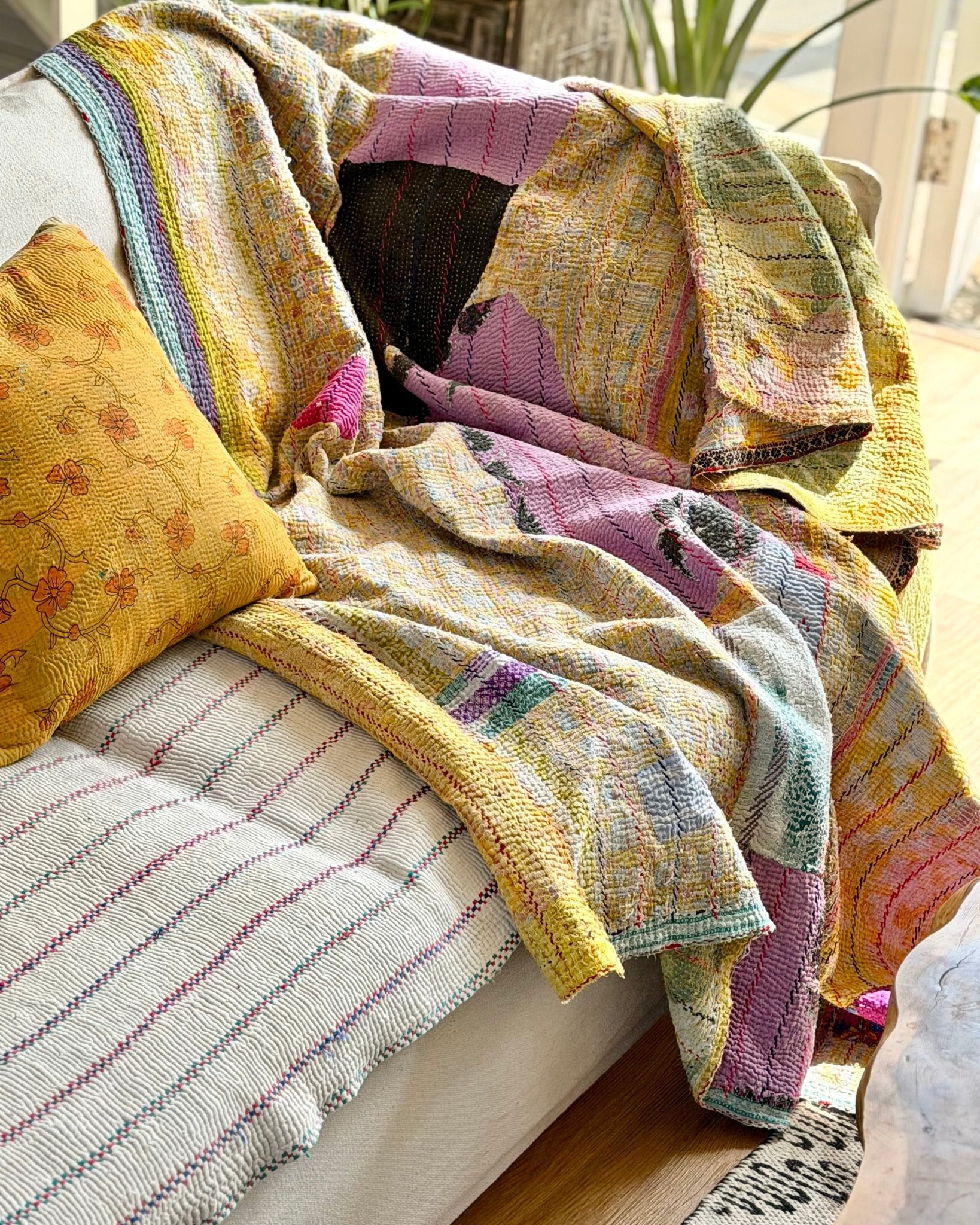 Large Textured Vintage Kantha Quilt In Abstract Pink, Purple and Yellow - Biggs & Hill