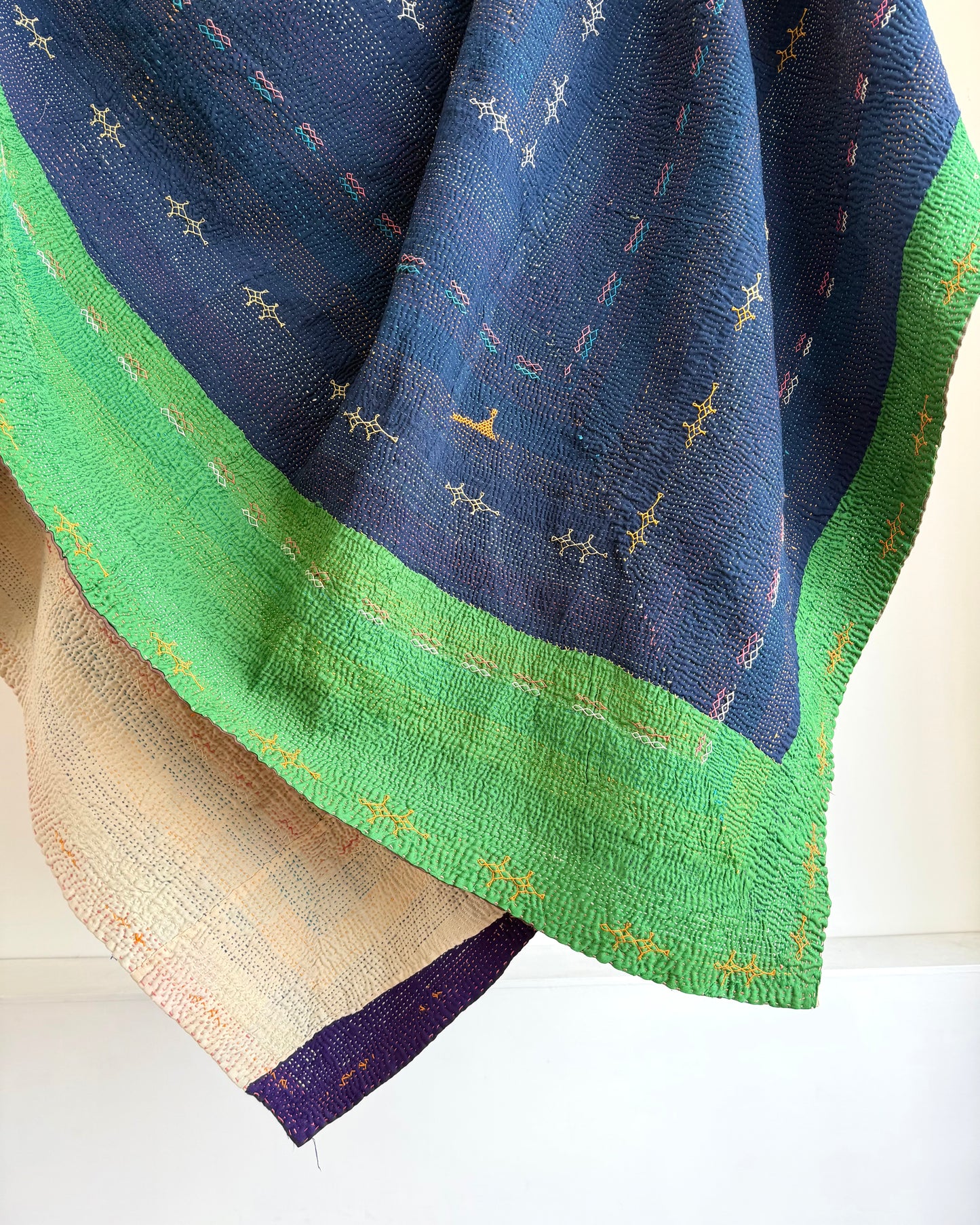 Vintage Embroidered Saami Ralli Quilt in Dark Blue, Green With Brown Colour Block Reverse