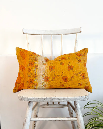 Vintage Kantha Cushion In Yellow Floral- Small Rectangular